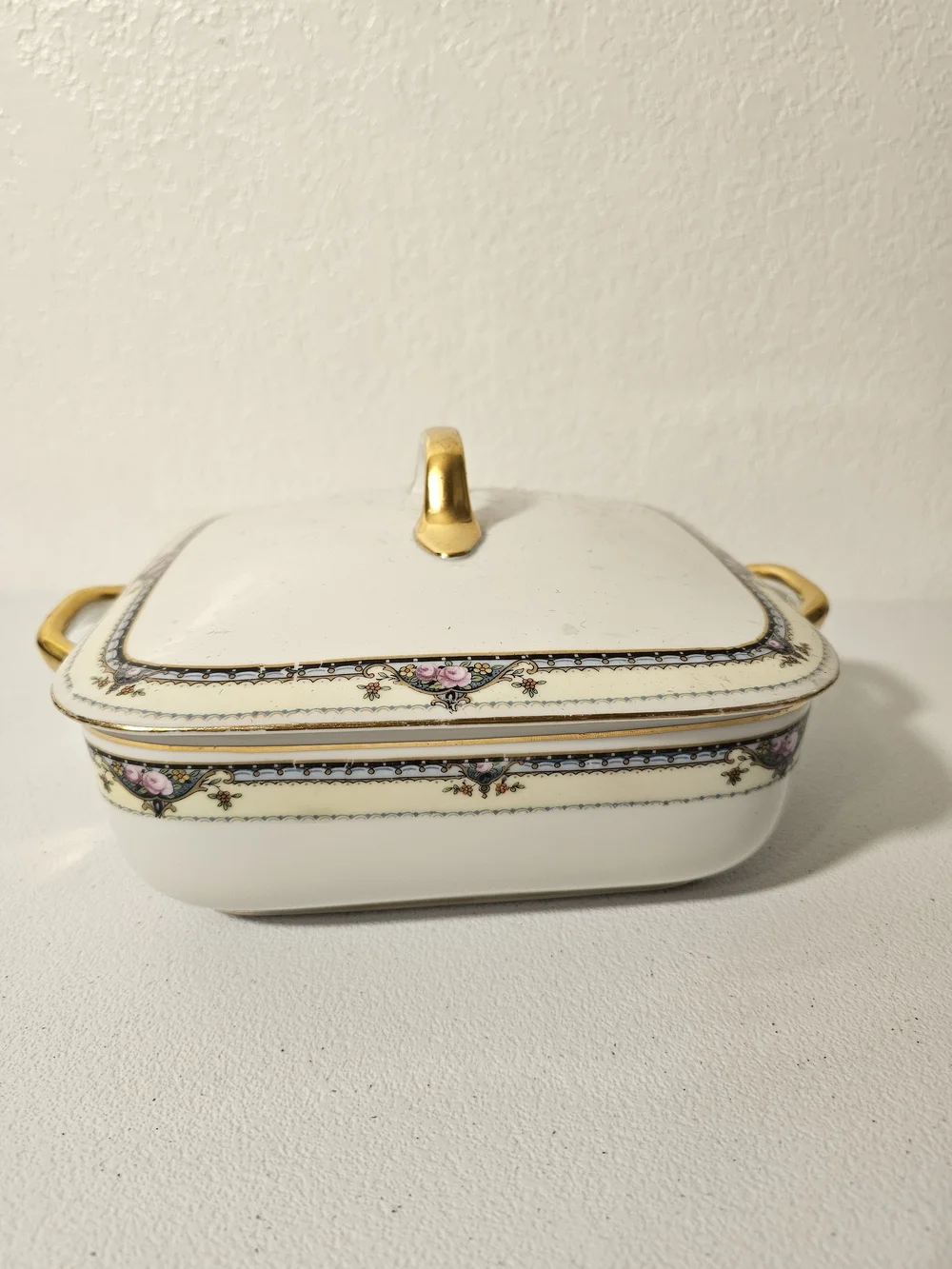 Epiag Square Antique Covered Casserole Dish w/ Lid Gold Handles Floral Czech
